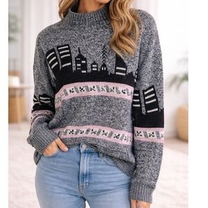 Vintage 80s City Skyline Sweater Graphic Knit Mock Neck NYC Style Gail Scott L